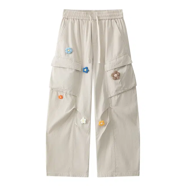 雅鹿 美式复古多口袋直筒宽松花卉刺绣休闲伞兵裤工装裤 男女同款