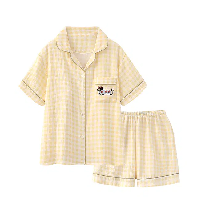 俏韵 翻领卡通可爱短袖上衣家居服可外穿三分裤睡衣套装 女款