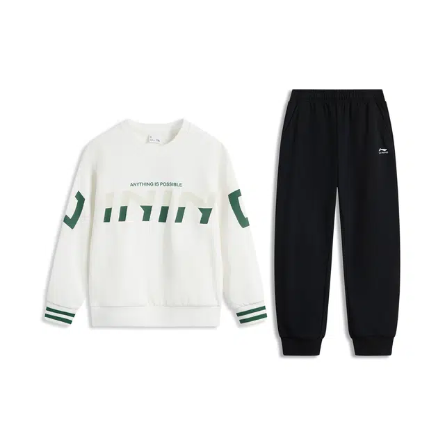 李宁儿童 运动生活系列 字母印花圆领套头长袖上衣舒适百搭长裤休闲运动套装 乳白色/黑色青少年