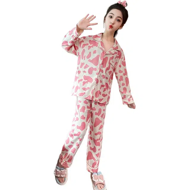 棉基因家居服 翻领开衫长袖柔软长裤 粉色儿童款