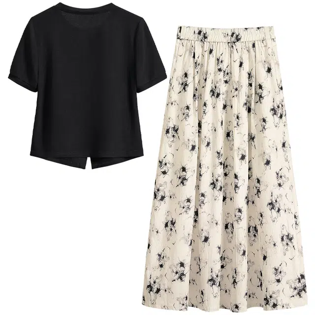 她池 撞色印花两件套上衣搭半身裙裙装套装 女款