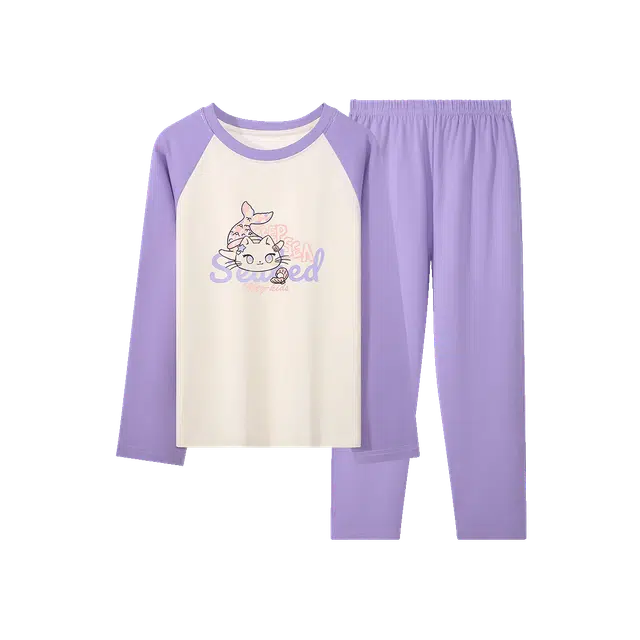 梦特娇 圆领舒适长袖松紧腰长裤家居服 米杏拼浅紫青少年