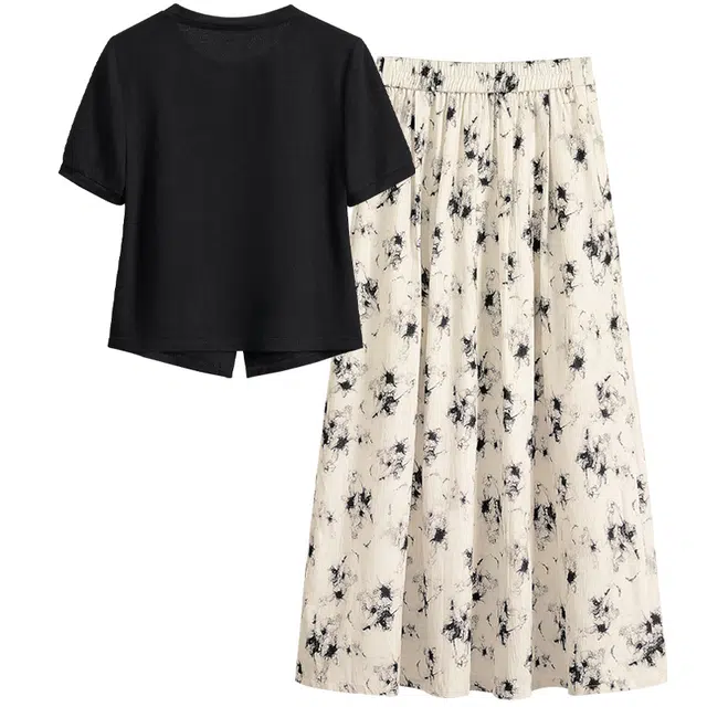 她池 撞色印花两件套上衣搭半身裙裙装套装 女款