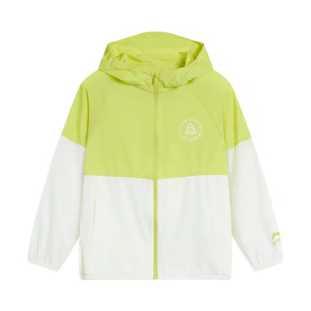 李宁儿童锋大衣 运动生活系列 柔软舒适拼色休闲百搭 黄萤绿乳白色 中小童