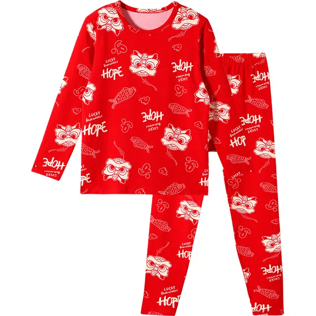 久岁伴 红运系列 卡通圆领长袖上衣舒适亲肤长裤内衣套装 红色青少年