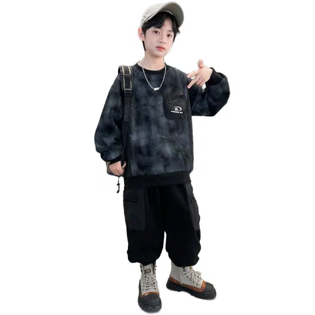 木木屋 时尚柔软亲肤洋气百搭个性潮流休闲运动套装 黑色青少年