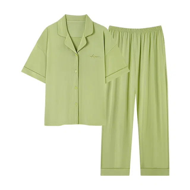 莫代尔 慵懒个性大方百搭翻领开衫舒适柔软亲肤细腻轻盈透气短袖上衣两件套家居服可外穿长裤睡衣套装 女款