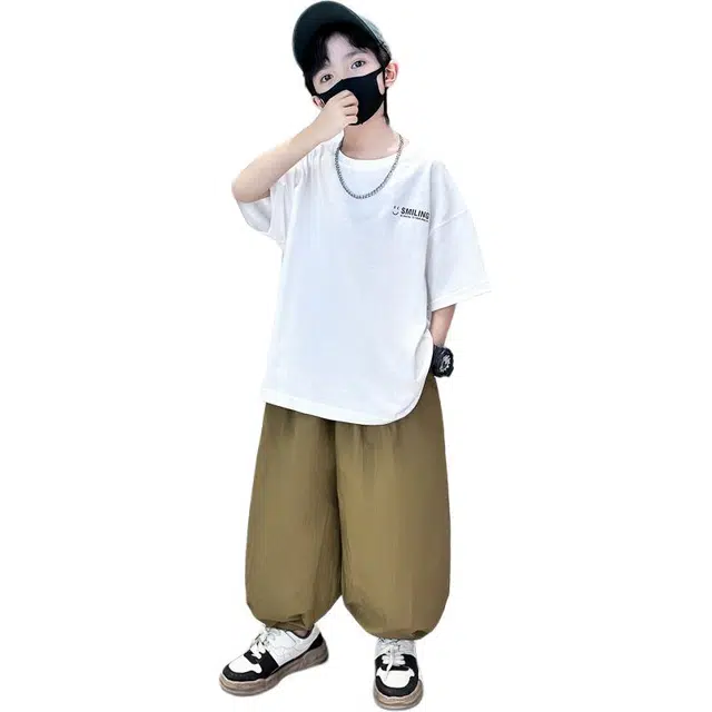 木木屋 圆领洋气字母简约落肩短袖松紧腰纯色长裤休闲运动套装青少年