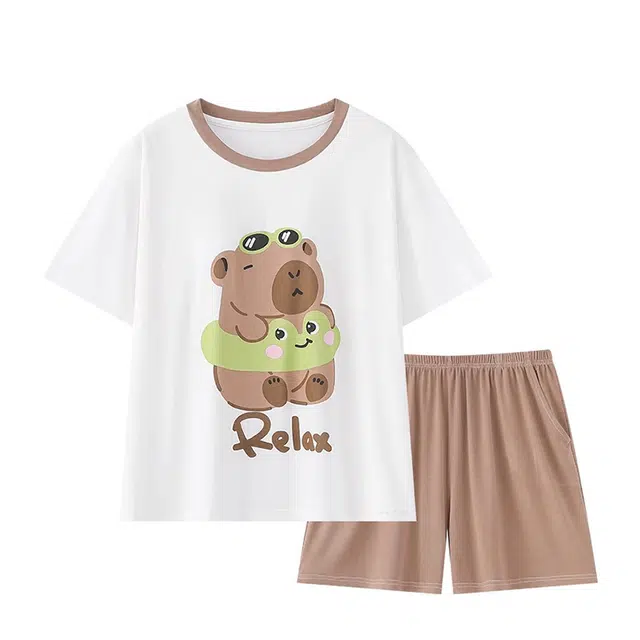 俏韵 青春活力带胸垫短袖卡通可爱家居服可外穿睡衣套装 女款