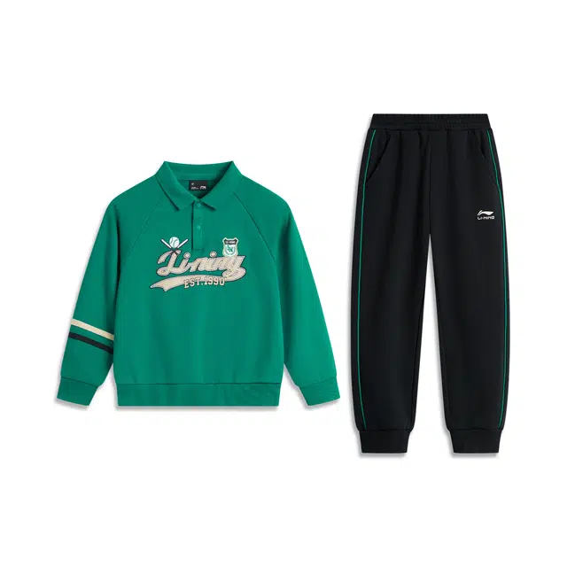 李宁儿童 运动生活系列 简约字母套头长袖上衣舒适百搭束脚裤休闲运动套装 石绿色/黑色中小童