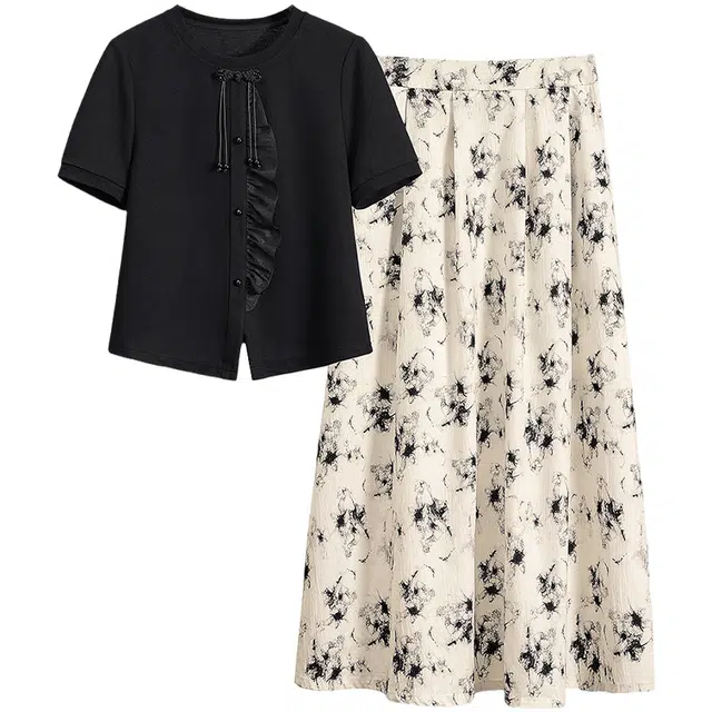 她池 撞色印花两件套上衣搭半身裙裙装套装 女款