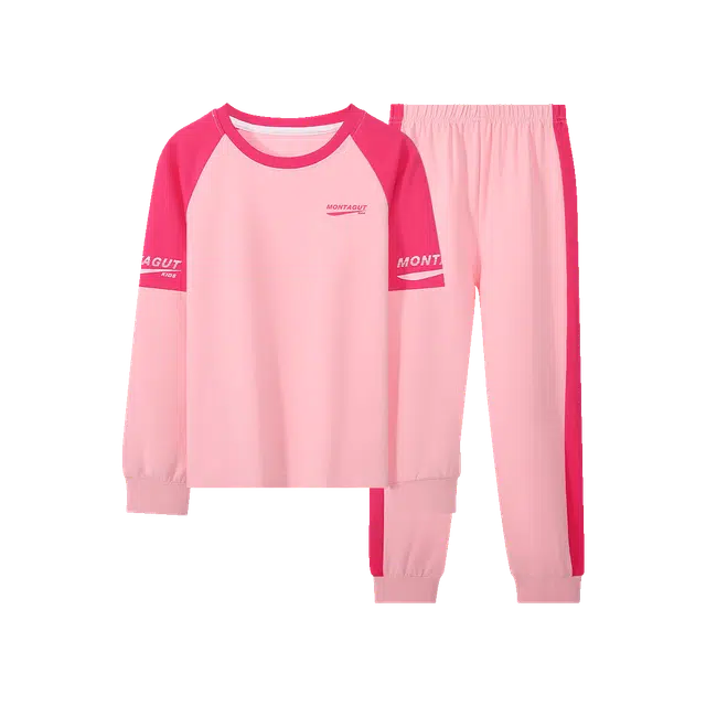 梦特娇 圆领亲肤插肩长袖拼色长裤家居服 浅粉拼玫红青少年