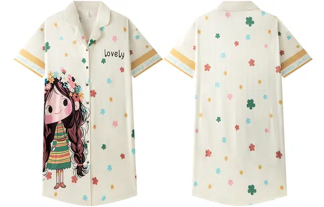 宫蝶 短袖冰丝卡通可外穿睡衣家居服休闲甜美风薄款开衫睡裙 女款