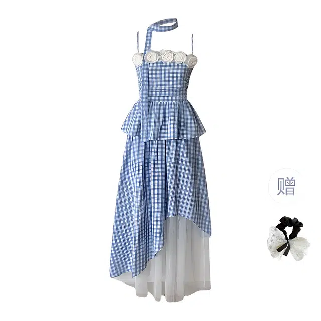 涂诗菲 法式温柔风设计感立体花朵显瘦格子吊带上衣设计感高腰网纱拼接不规则半身裙裙装套装 女款