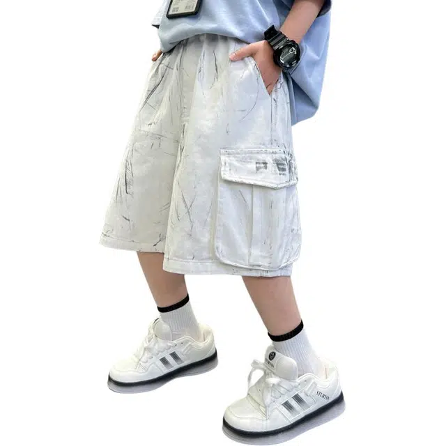 雅鹿 洋气大口袋松紧腰五分短裤 儿童款 白灰色