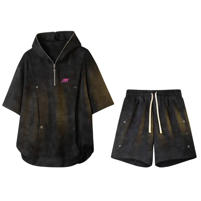 吾皇猫 美式扎染复古高街简约基础款连帽短袖上衣时尚百搭舒适透气高级五分休闲运动套装 男女同款