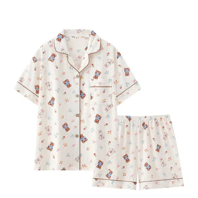俏韵 翻领可爱小熊印花短袖卡通家居服可外穿睡衣套装 女款
