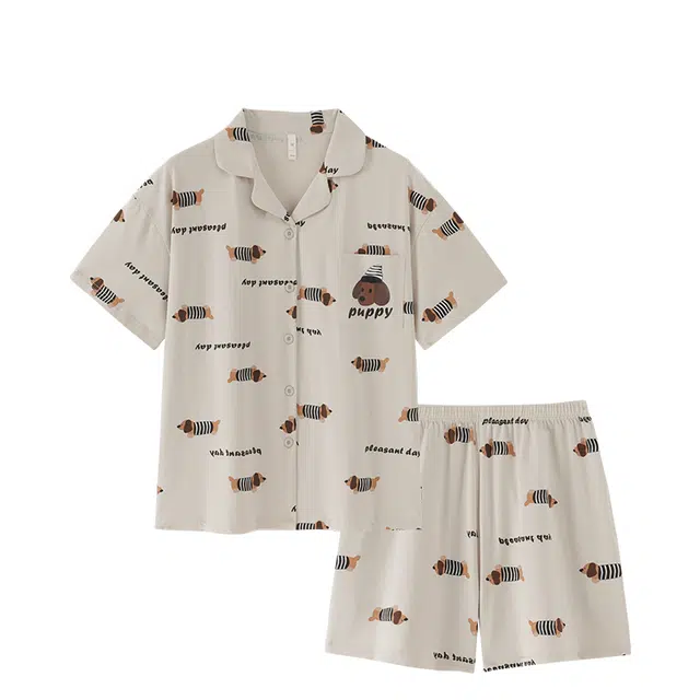 俏韵 翻领腊肠狗印花短袖卡通可爱高级感家居服可外穿睡衣套装 女款