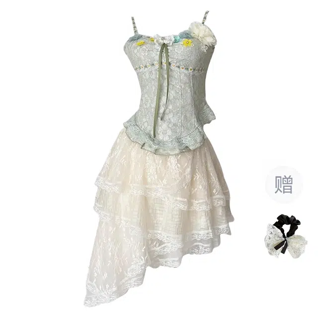 涂诗菲 法式甜美清新花朵吊带上衣设计感收腰显瘦小众不规则蛋糕裙裙装套装 女款