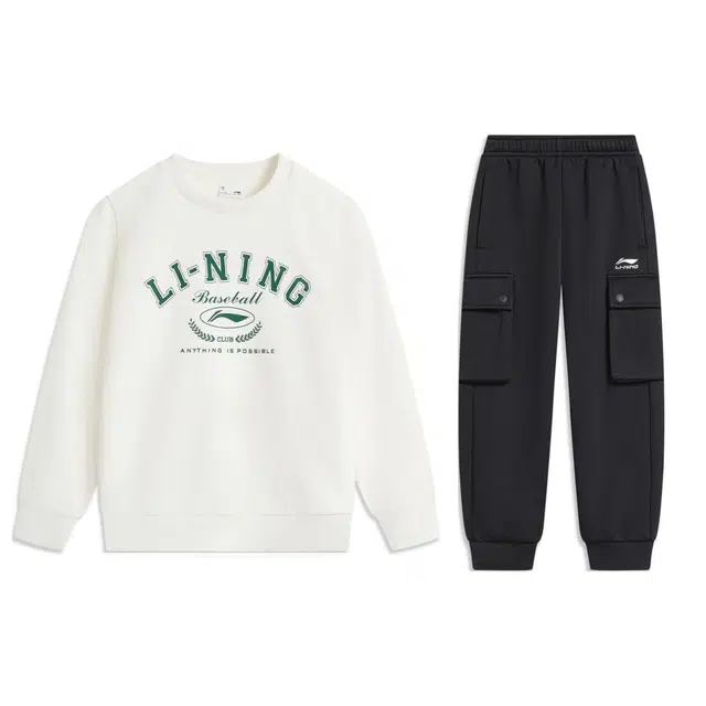 李宁儿童 运动生活系列 时尚柔软亲肤洋气百搭透气轻盈休闲运动套装 乳白色/黑色 青少年