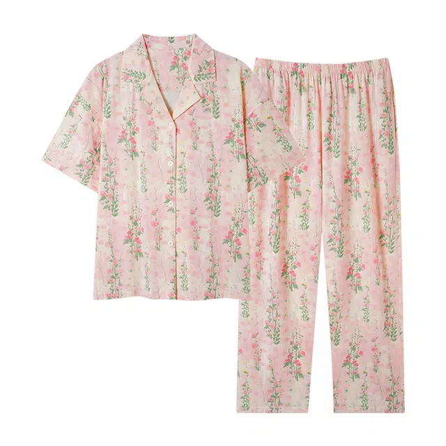 莫代尔 韩版时尚翻领开衫气质百搭轻盈透气舒适柔软细腻短袖长裤家居服可外穿睡衣套装 女款