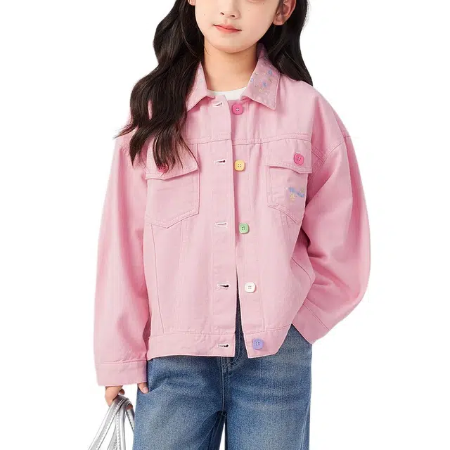 左西上装 时尚百搭翻领牛仔 粉色 中小童