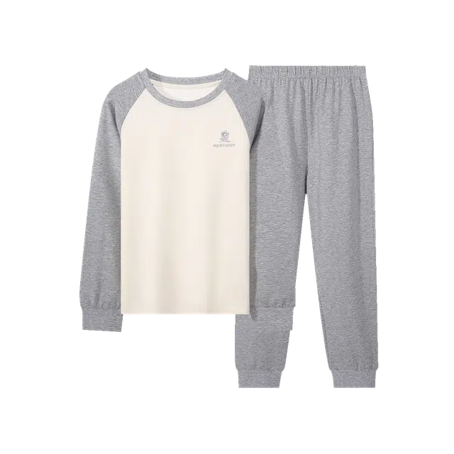 梦特娇 时尚洋气柔软亲肤插肩拼色长袖家居服 米杏拼中灰青少年