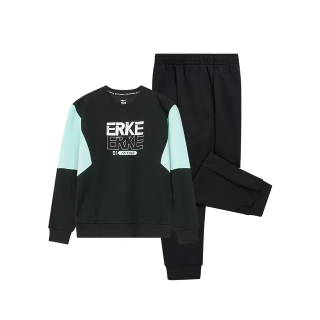 鸿星尔克儿童 亲肤圆领撞色拼接上衣舒适宽松长裤休闲运动套装 正黑青少年