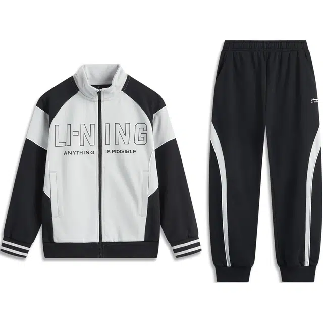 李宁儿童 运动生活系列 字母拼接拉链立领开衫卫衣束脚长裤休闲运动套装 静灰色青少年