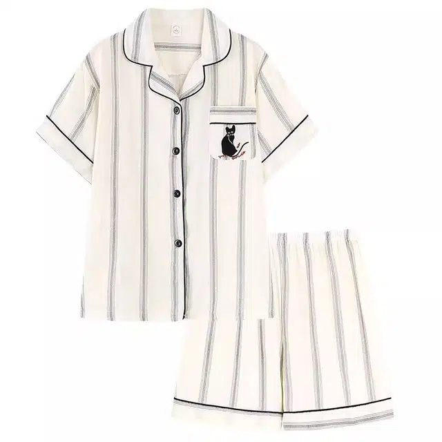 俏韵 翻领短袖卡通条纹印花家居服可外穿睡衣套装 女款