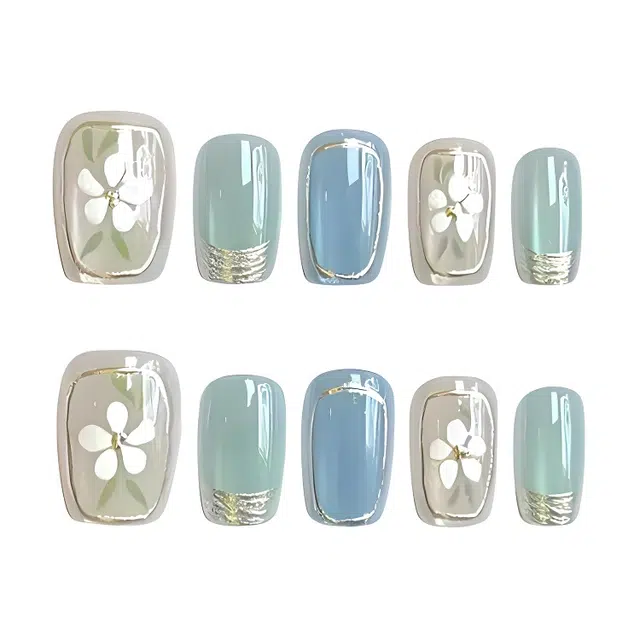 计轩 冰蓝冰绿山茶花  穿戴甲 短梯金属晕染 猫眼 立体鎏金高级感美甲