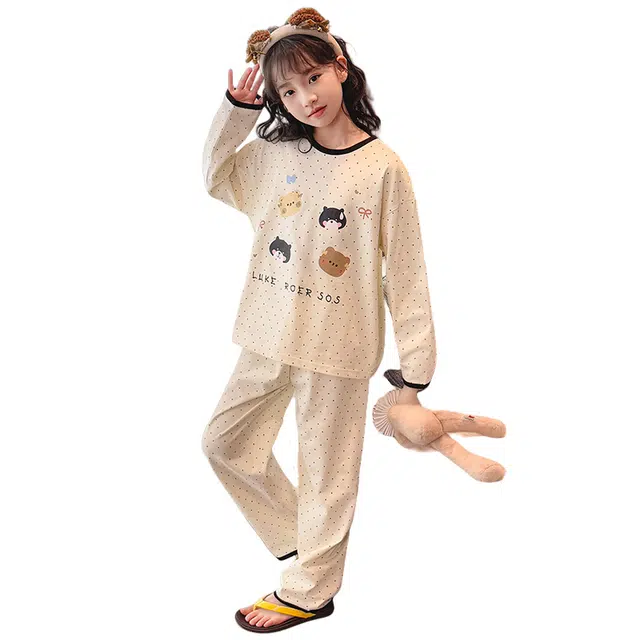 棉基因家居服 洋气圆领长袖宽松长裤 杏色儿童款