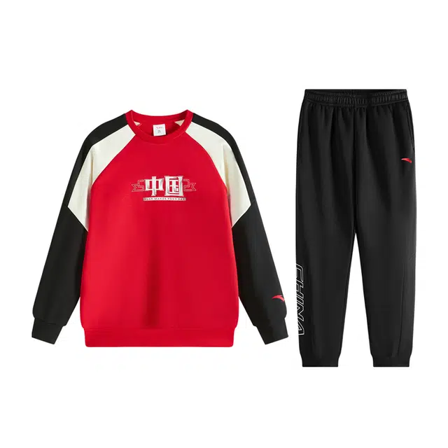 安踏儿童 拼接汉字圆领舒适透气卫衣字母中腰长裤休闲运动套装青少年