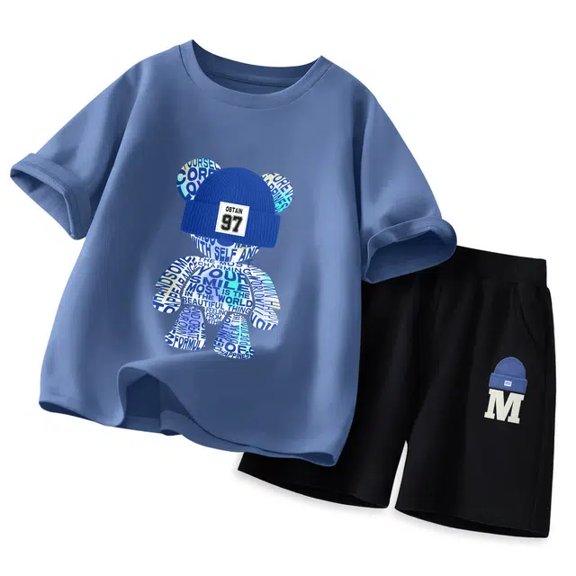 儿童款 棉致 圆领舒适洋气字母小熊落肩短袖松紧腰短裤休闲运动套装