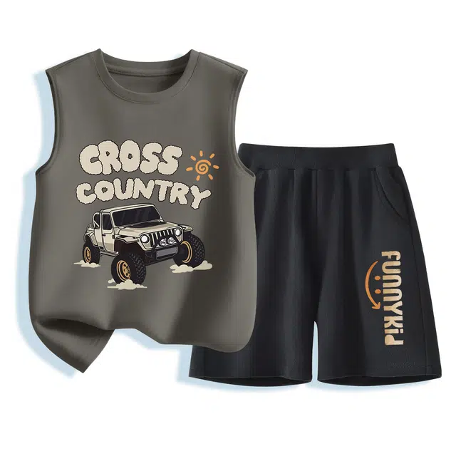 儿童款 棉致 美式汽车字母印花圆领无袖上衣松紧腰百搭短裤休闲运动套装