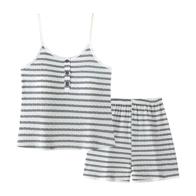 顶瓜瓜 带胸垫性感吊带圆领条纹休闲舒适柔软家居服短裤睡衣套装 女款