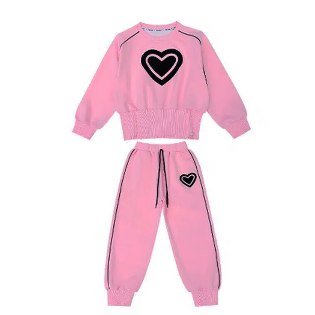 木木兔 时尚洋气舒适百搭圆领爱心印花长袖休闲运动套装 粉色 中小童