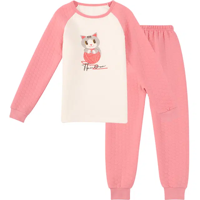 红豆 简约卡通圆领长袖上衣舒适透气长裤内衣套装 西瓜红青少年