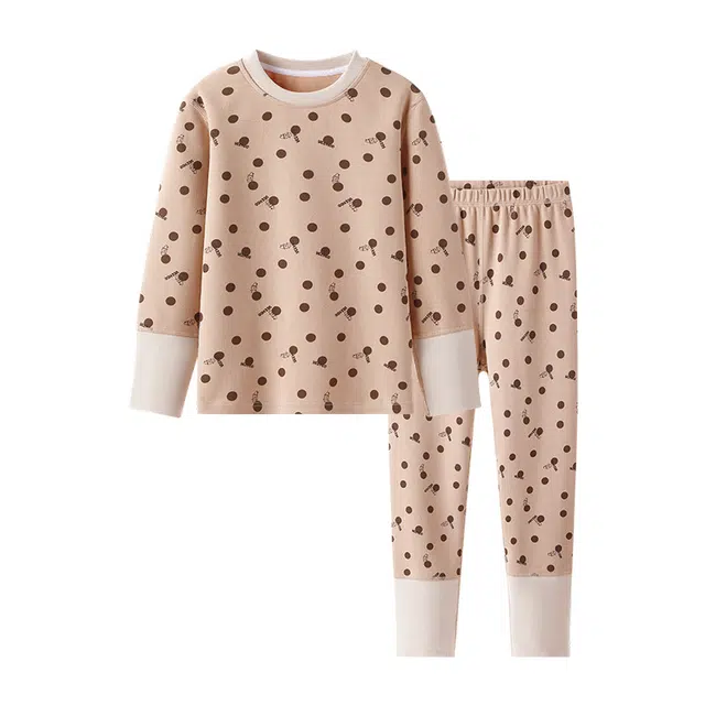 英氏 舒适亲肤圆领上衣透气裤子内衣套装 咖色波点青少年