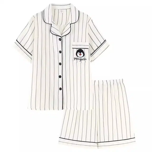 俏韵 翻领企鹅印花短袖可爱卡通家居服可外穿睡衣套装 女款