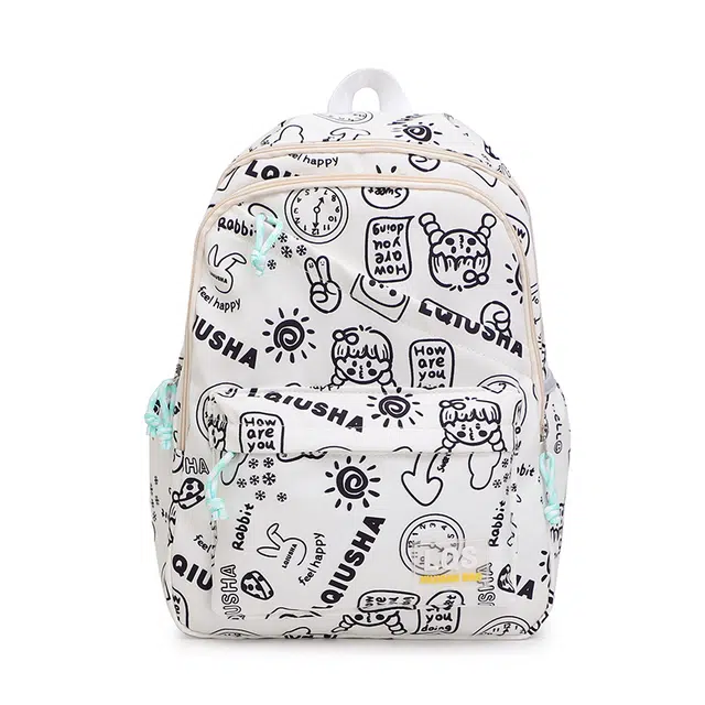 泰格奴 涂鸦机能通勤旅行清新轻便初中高中大学生上课百搭 帆布 双肩包 女款 米白色/黑色/紫色/蓝色/粉色