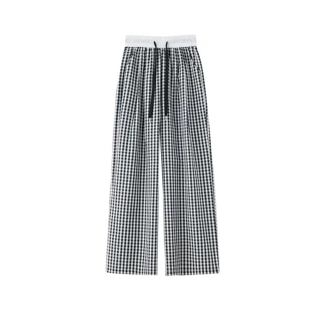 思蓓儿 防晒格子阔腿裤高腰垂感宽松拖地裤子休闲裤 女款