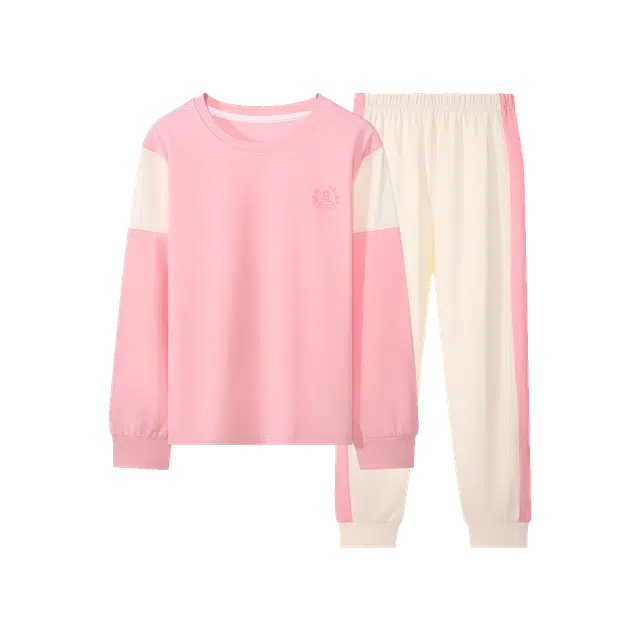 梦特娇 圆领时尚亲肤拼色长袖柔软长裤家居服 浅粉拼米杏青少年