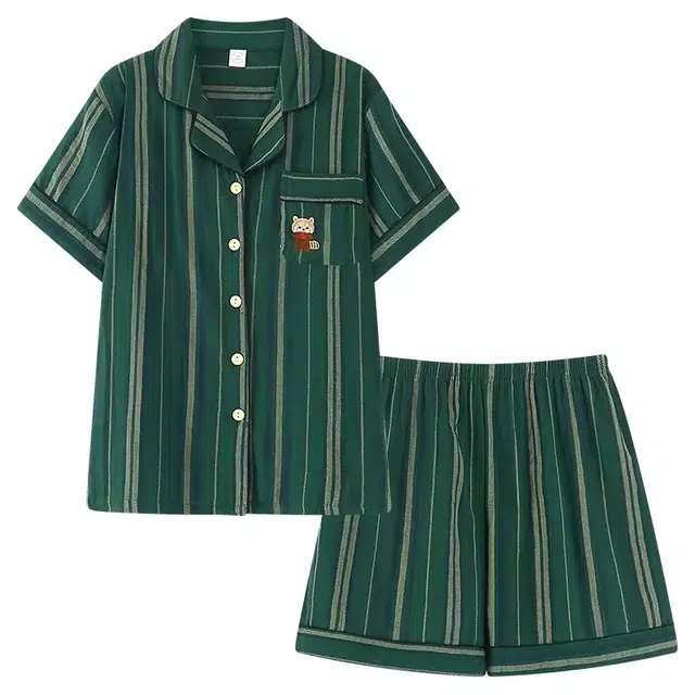 俏韵 翻领卡通小浣熊短袖条纹家居服可外穿睡衣套装 女款