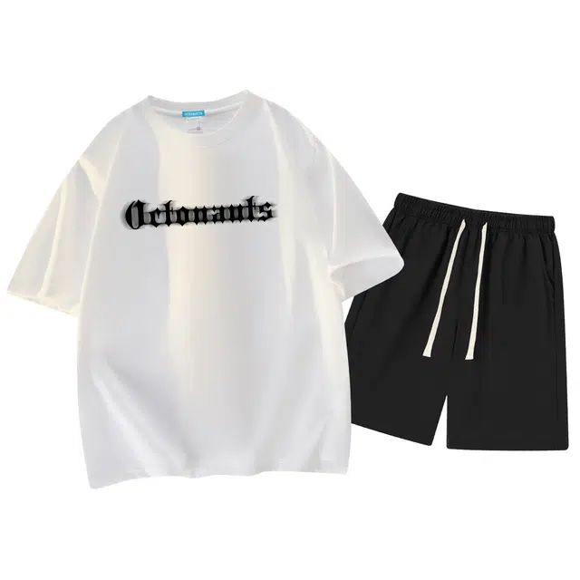 海底小纵队 美式高街旋涡涂鸦闪电哥特风穿搭排版短袖宽松潮流无性别主义垂感系带短裤休闲运动套装 男女同款