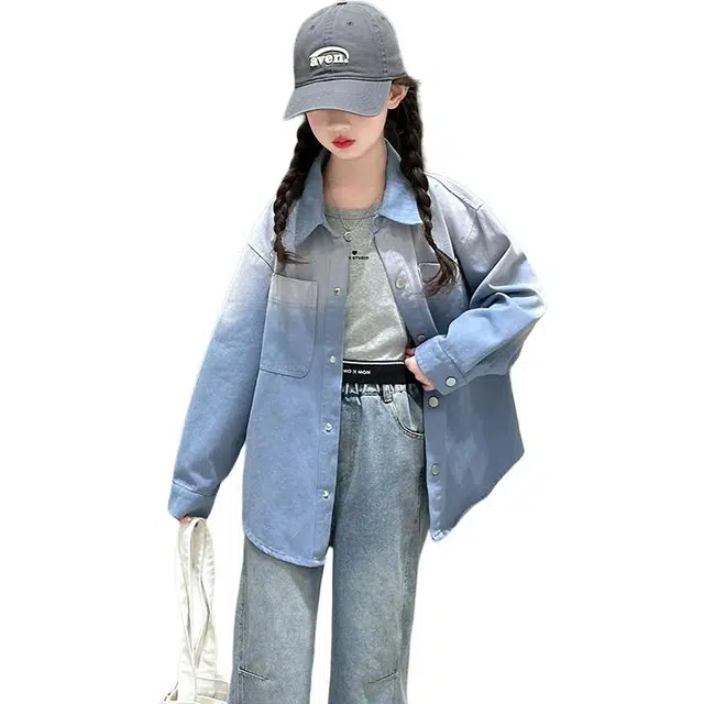 熊猫圆圆衬衫 翻领拼色百搭柔软长袖 蓝色 青少年