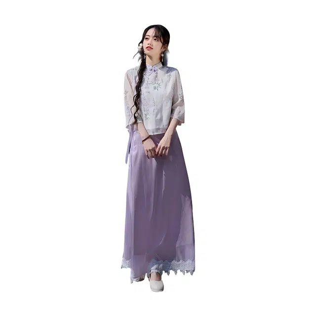 荟萃阁 新中式国风提花刺绣盘扣立领网纱中袖上衣搭配花边半身裙裙装套装 女款