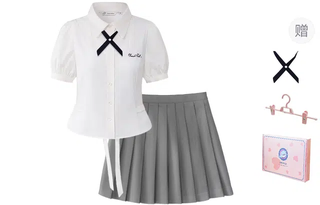 东鲸岁时记 学院风刺绣翻领双拉链短袖衬衫百褶裙制服 女款 礼盒装
