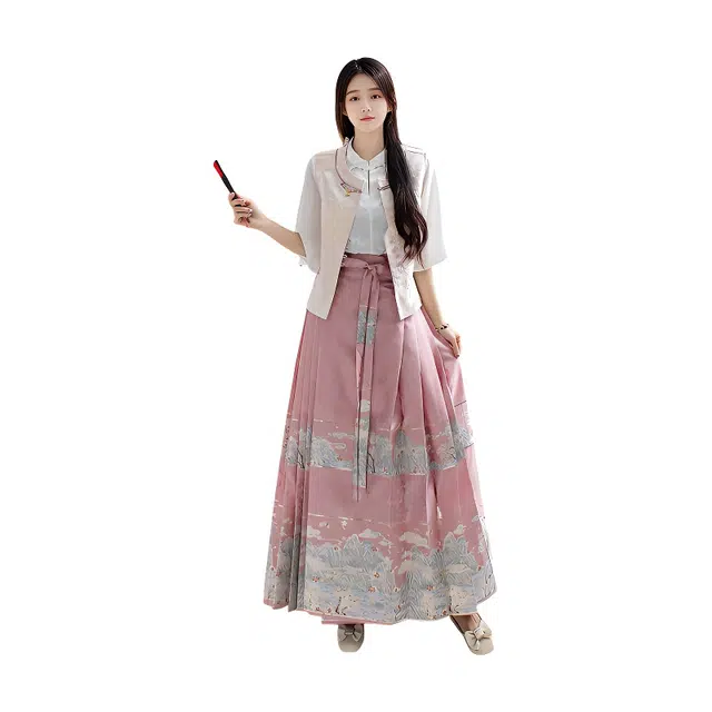 荟萃阁 新中式小圆领刺绣马甲提花上衣一片式织金刺绣马面裙裙装套装 女款