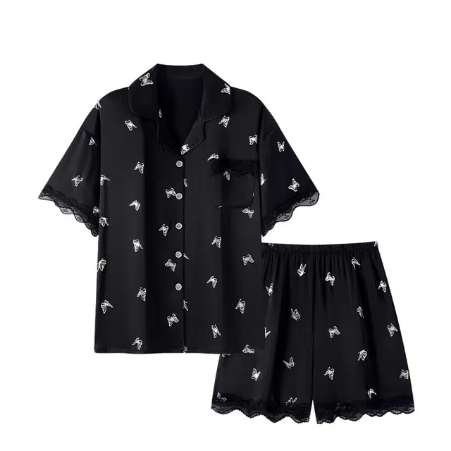 俏韵 翻领冰丝蝴蝶印花短袖薄款甜美家居服可外穿夏季睡衣套装 女款